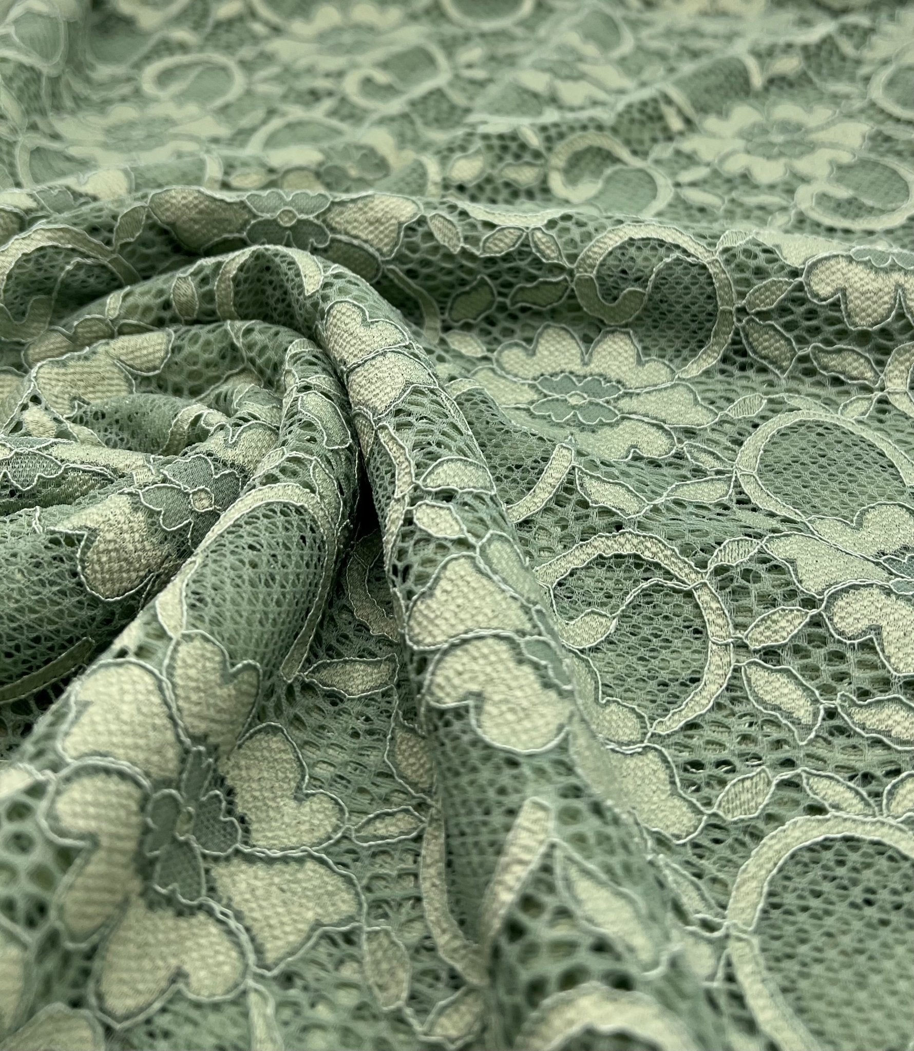 Sage Green Scalloped Edge Floral Lace Fabric Stretch - T9 Fabrics